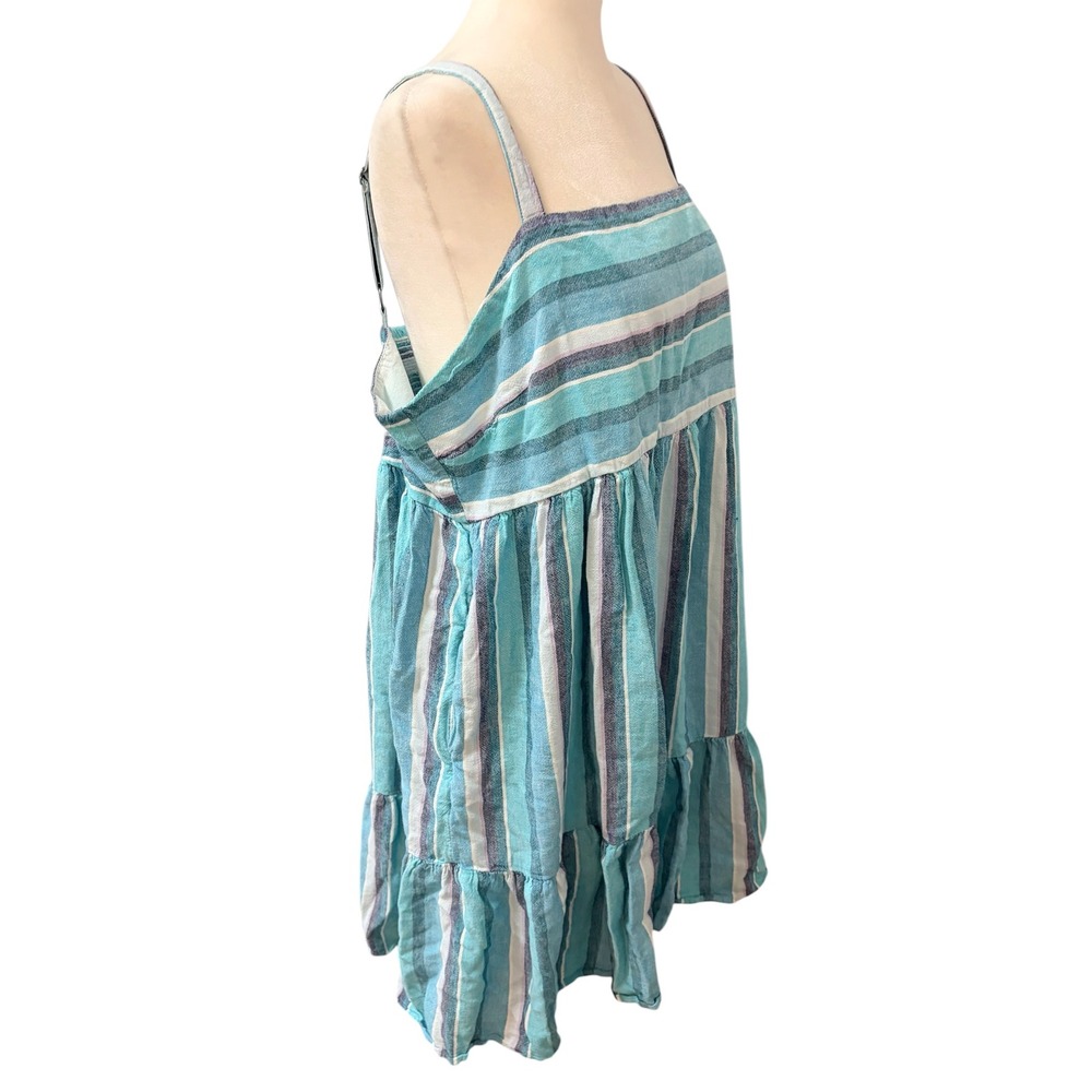 FarWest Striped Linen Blend Plus Size XXL Babydoll Mini Sun Dress Turquoise - Picture 3 of 8